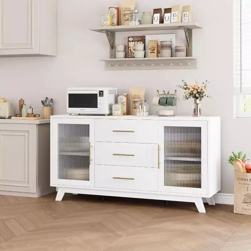 COZONY Buffet Moderne avec Portes en Verre Rainuré et 3 Tiroirs, Étagère Réglable, Console pour Salle à Manger ou Salon