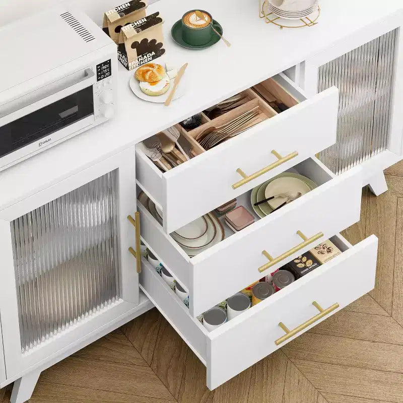 COZONY Buffet Moderne avec Portes en Verre Rainuré et 3 Tiroirs, Étagère Réglable, Console pour Salle à Manger ou Salon