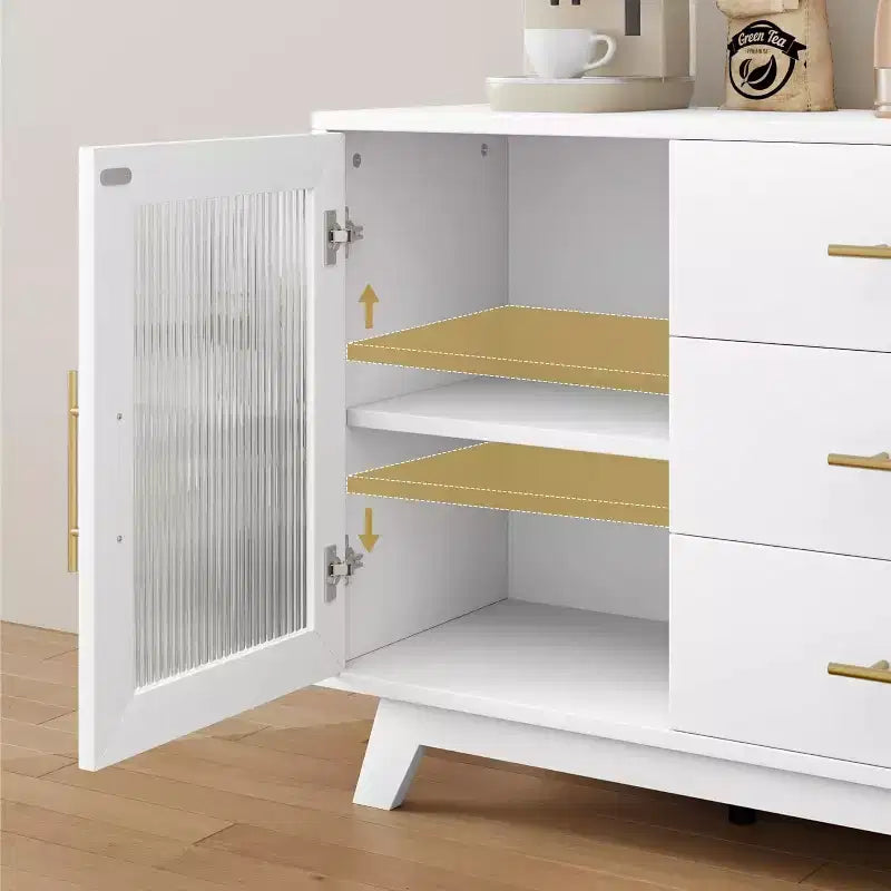 COZONY Buffet Moderne avec Portes en Verre Rainuré et 3 Tiroirs, Étagère Réglable, Console pour Salle à Manger ou Salon
