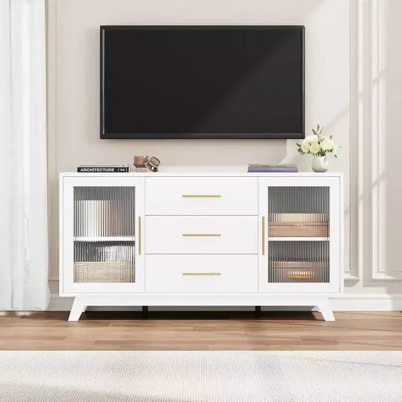 COZONY Modern Sideboard Buffet Cabinet with Fluted Glass Doors and 3 Drawers, Adjustable Shelf, Dining Room or Living Room Console