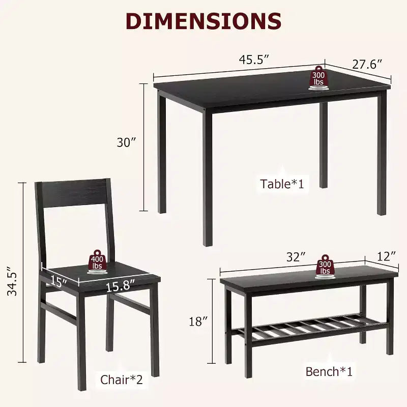 Dining Table Set for 4, with 1 Bench and 2 Chair