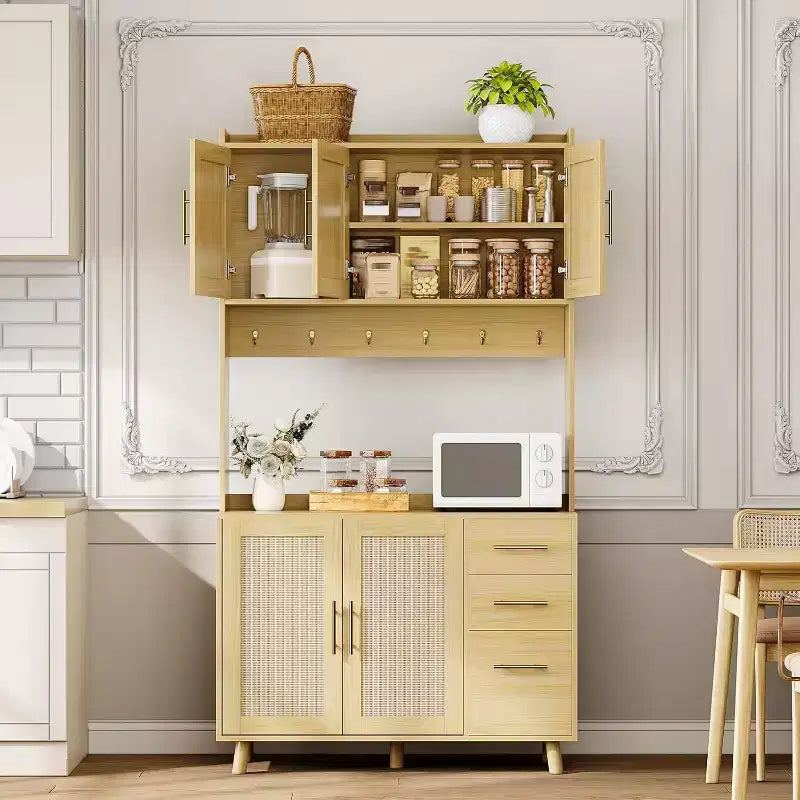 Acekool 71 Tall Rattan Kitchen Pantry Cabinet, Boho Hutch with Microwave Shelf, Drawers, Hooks, Storage for Dining Room, Natural