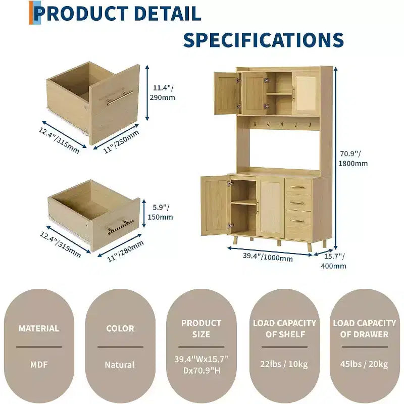 Acekool Meuble de cuisine haut en rotin de 180 cm, armoire de rangement style bohème avec étagère à micro-ondes, tiroirs, crochets, rangement pour salle à manger, naturel