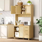 Acekool Meuble de cuisine haut en rotin de 180 cm, armoire de rangement style bohème avec étagère à micro-ondes, tiroirs, crochets, rangement pour salle à manger, naturel