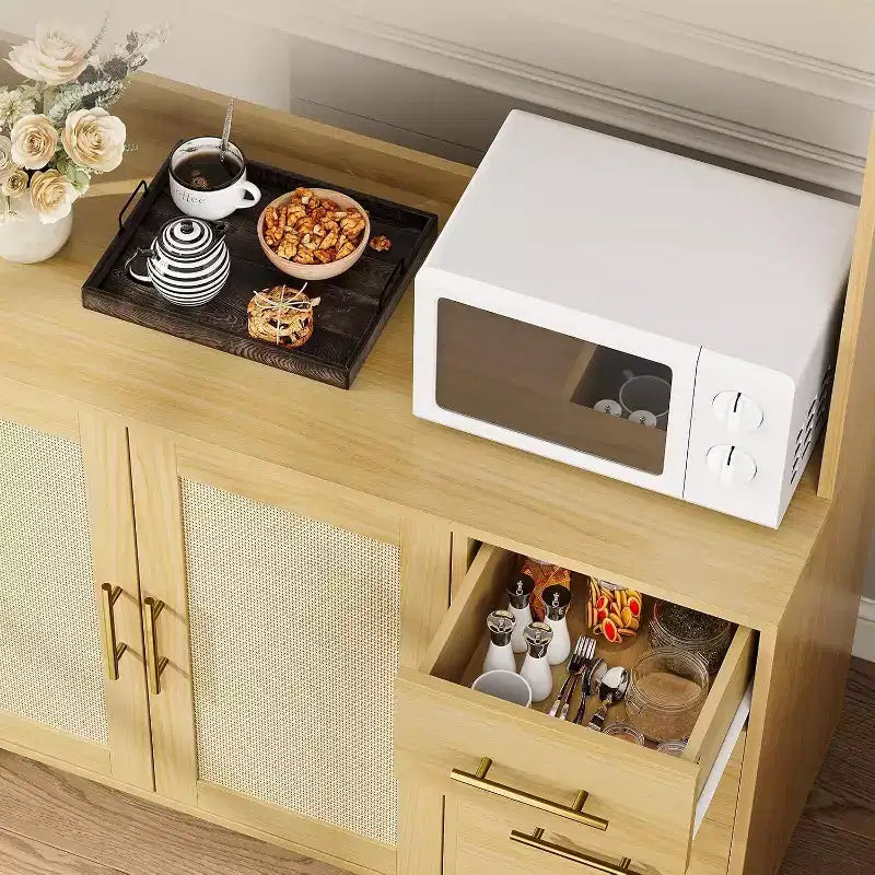 Acekool Meuble de cuisine haut en rotin de 180 cm, armoire de rangement style bohème avec étagère à micro-ondes, tiroirs, crochets, rangement pour salle à manger, naturel