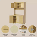 Acekool Meuble de cuisine haut en rotin de 180 cm, armoire de rangement style bohème avec étagère à micro-ondes, tiroirs, crochets, rangement pour salle à manger, naturel