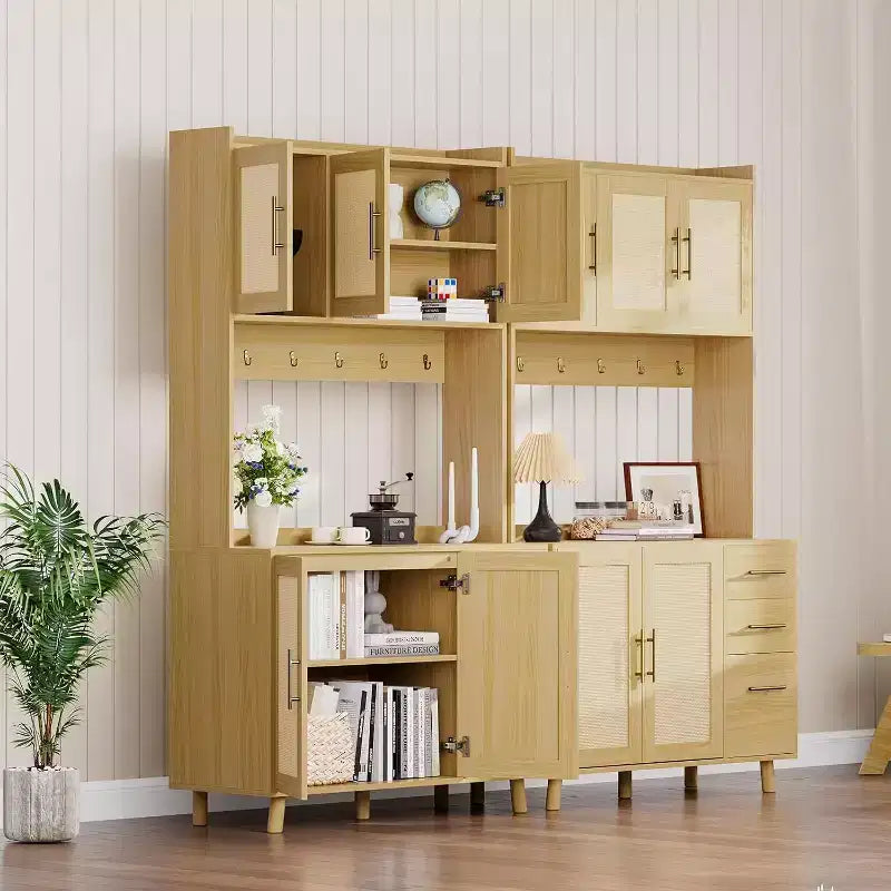 Acekool Meuble de cuisine haut en rotin de 180 cm, armoire de rangement style bohème avec étagère à micro-ondes, tiroirs, crochets, rangement pour salle à manger, naturel