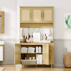 Acekool Meuble de cuisine haut en rotin de 180 cm, armoire de rangement style bohème avec étagère à micro-ondes, tiroirs, crochets, rangement pour salle à manger, naturel
