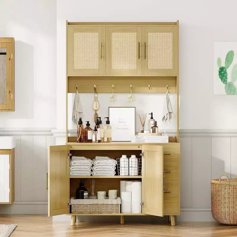 Acekool Meuble de cuisine haut en rotin de 180 cm, armoire de rangement style bohème avec étagère à micro-ondes, tiroirs, crochets, rangement pour salle à manger, naturel