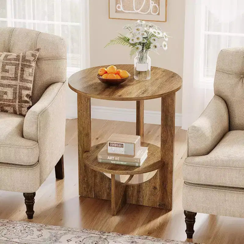 Table d'appoint ronde à 2 niveaux Lantine avec rangement, pour salon, chambre et petits espaces, table de chevet étroite moderne, montage facile, marron