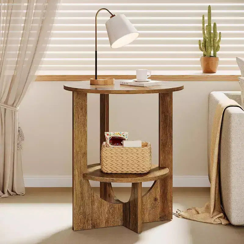 Table d'appoint ronde à 2 niveaux Lantine avec rangement, pour salon, chambre et petits espaces, table de chevet étroite moderne, montage facile, marron