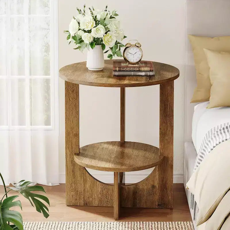 Table d'appoint ronde à 2 niveaux Lantine avec rangement, pour salon, chambre et petits espaces, table de chevet étroite moderne, montage facile, marron