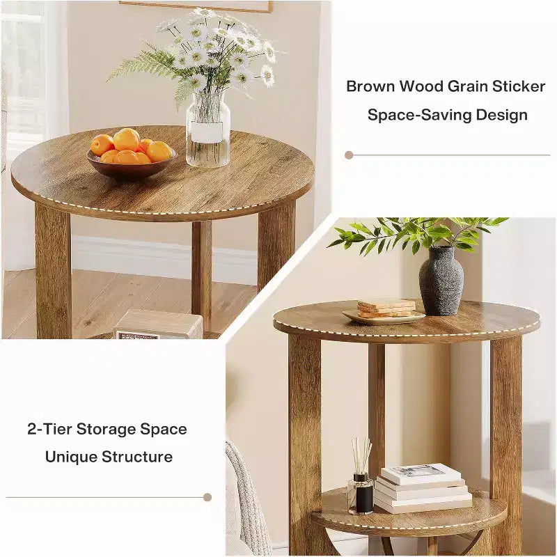 Table d'appoint ronde à 2 niveaux Lantine avec rangement, pour salon, chambre et petits espaces, table de chevet étroite moderne, montage facile, marron