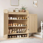 COZONY 5-Tier Rattan Shoe Cabinet Storage Organizer with 2 Doors Adjustable Wooden Entryway Hallway Closet Living Room Natural