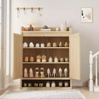 COZONY 5-Tier Rattan Shoe Cabinet Storage Organizer with 2 Doors Adjustable Wooden Entryway Hallway Closet Living Room Natural
