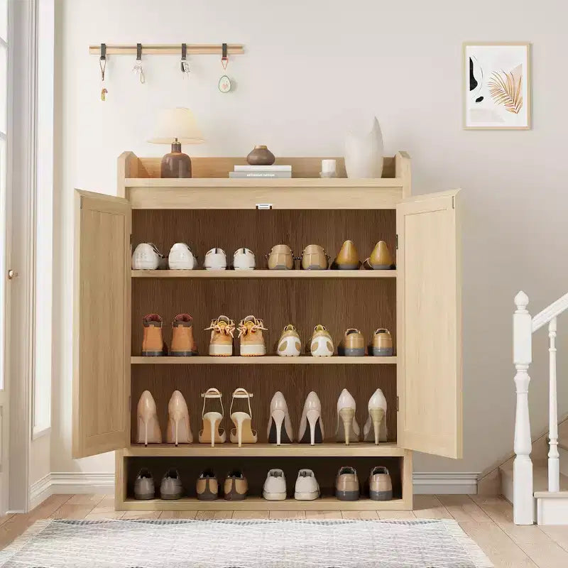 COZONY 5-Tier Rattan Shoe Cabinet Storage Organizer with 2 Doors Adjustable Wooden Entryway Hallway Closet Living Room Natural