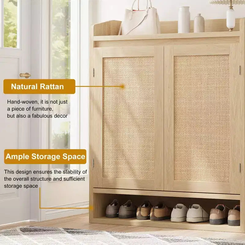 COZONY 5-Tier Rattan Shoe Cabinet Storage Organizer with 2 Doors Adjustable Wooden Entryway Hallway Closet Living Room Natural