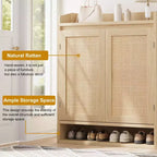 COZONY 5-Tier Rattan Shoe Cabinet Storage Organizer with 2 Doors Adjustable Wooden Entryway Hallway Closet Living Room Natural