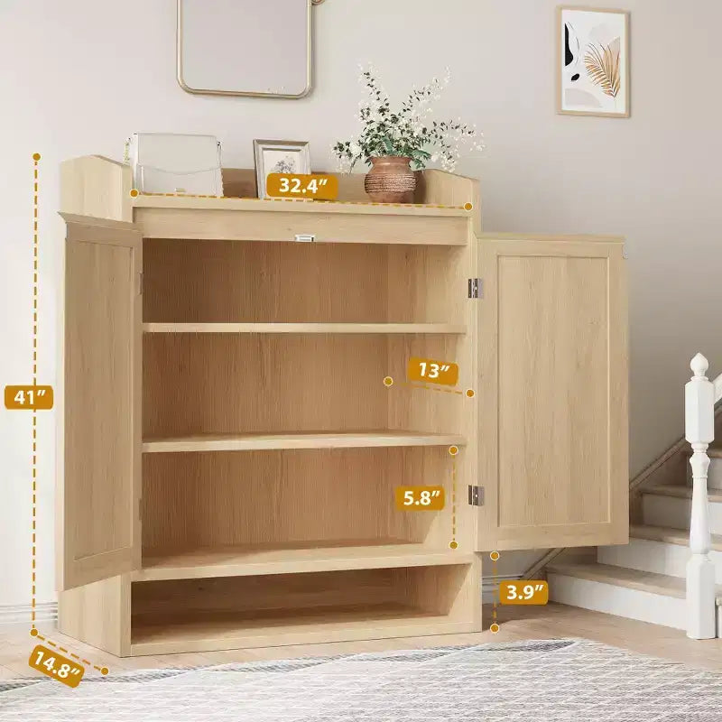 COZONY 5-Tier Rattan Shoe Cabinet Storage Organizer with 2 Doors Adjustable Wooden Entryway Hallway Closet Living Room Natural