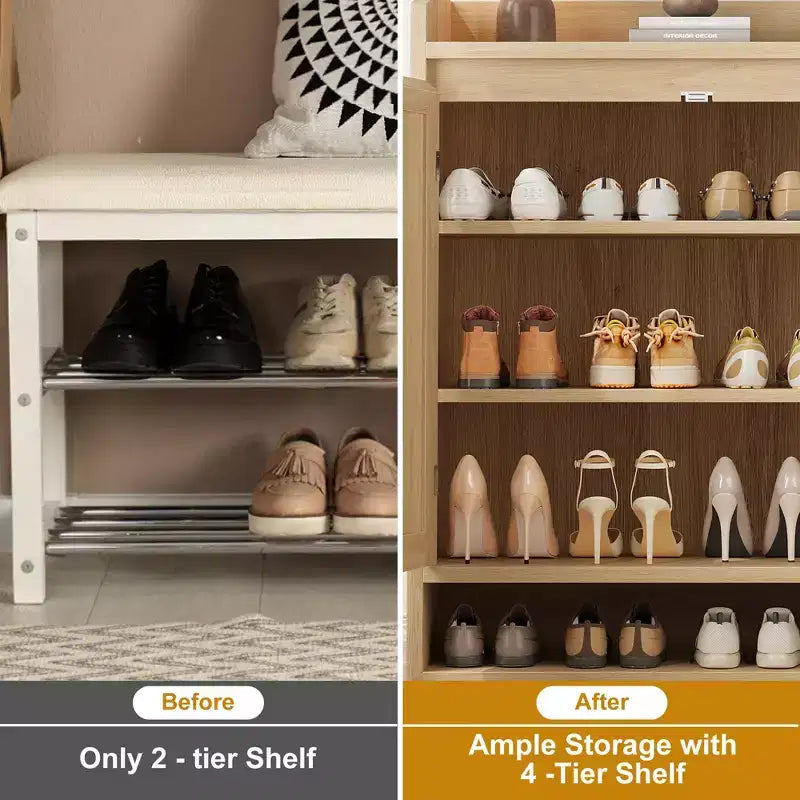 COZONY 5-Tier Rattan Shoe Cabinet Storage Organizer with 2 Doors Adjustable Wooden Entryway Hallway Closet Living Room Natural
