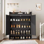 COZONY 5-Tier Rattan Shoe Cabinet Storage Organizer with 2 Doors Adjustable Wooden Entryway Hallway Closet Living Room Natural