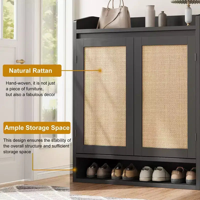 COZONY 5-Tier Rattan Shoe Cabinet Storage Organizer with 2 Doors Adjustable Wooden Entryway Hallway Closet Living Room Natural