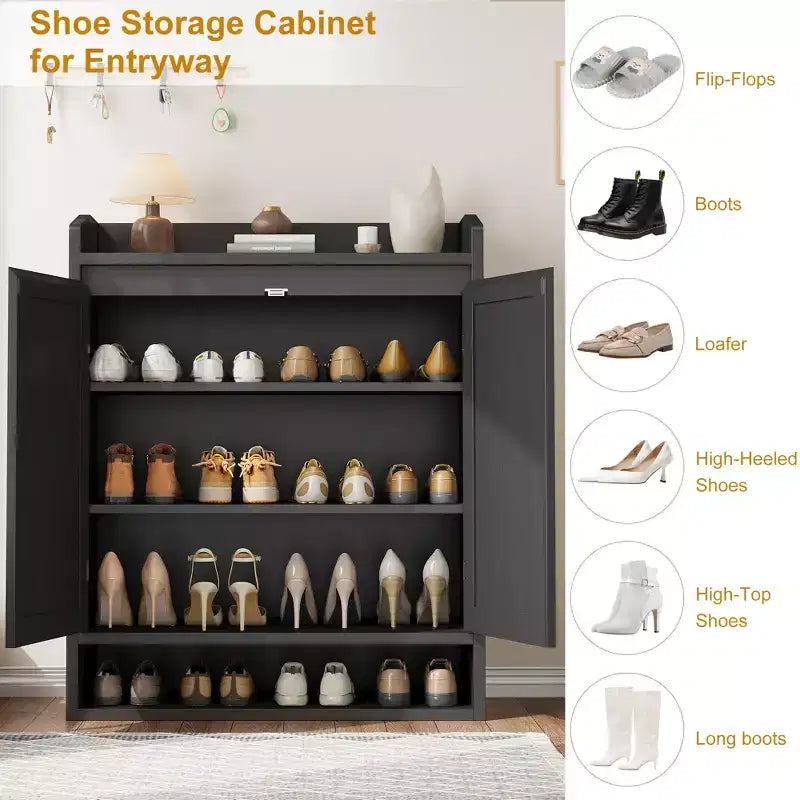 COZONY 5-Tier Rattan Shoe Cabinet Storage Organizer with 2 Doors Adjustable Wooden Entryway Hallway Closet Living Room Natural