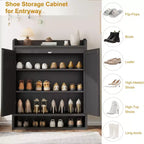 COZONY 5-Tier Rattan Shoe Cabinet Storage Organizer with 2 Doors Adjustable Wooden Entryway Hallway Closet Living Room Natural