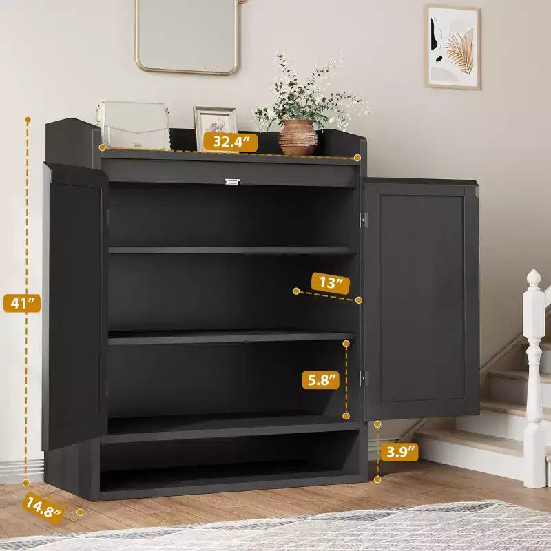 COZONY 5-Tier Rattan Shoe Cabinet Storage Organizer with 2 Doors Adjustable Wooden Entryway Hallway Closet Living Room Natural