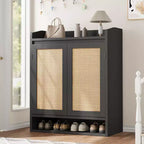 COZONY 5-Tier Rattan Shoe Cabinet Storage Organizer with 2 Doors Adjustable Wooden Entryway Hallway Closet Living Room Natural