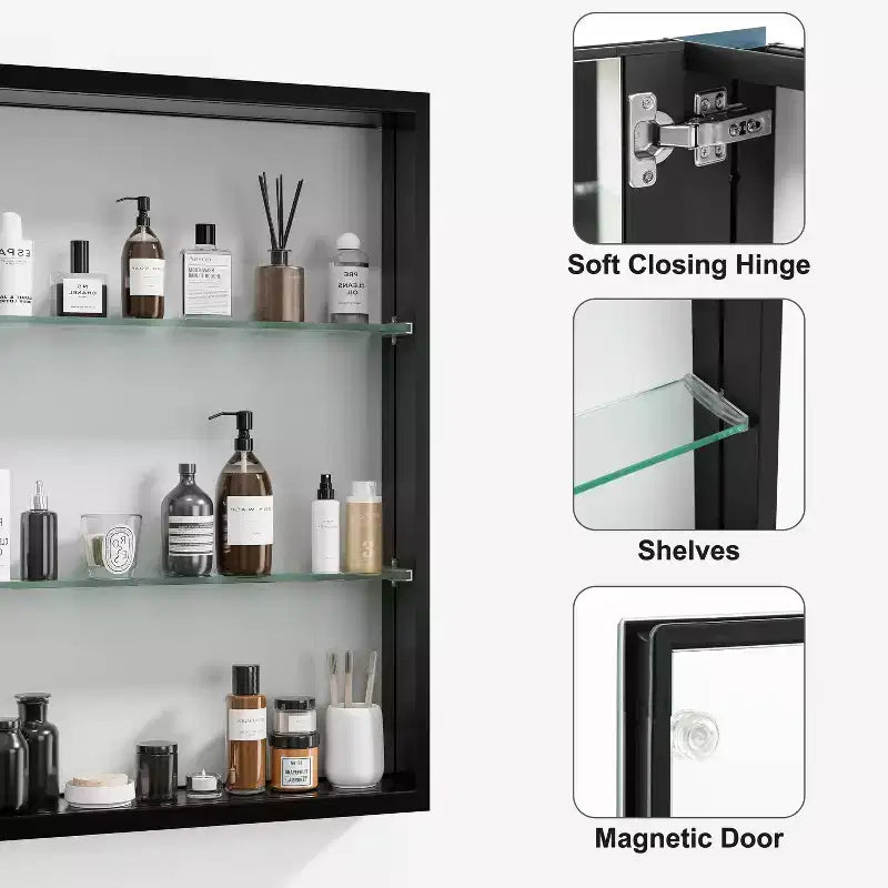 MAYEERTY 26 x 20in Modern Rectangular Bathroom Medicine Cabinets, Metal Framed Wall Mirror with Storage, Black