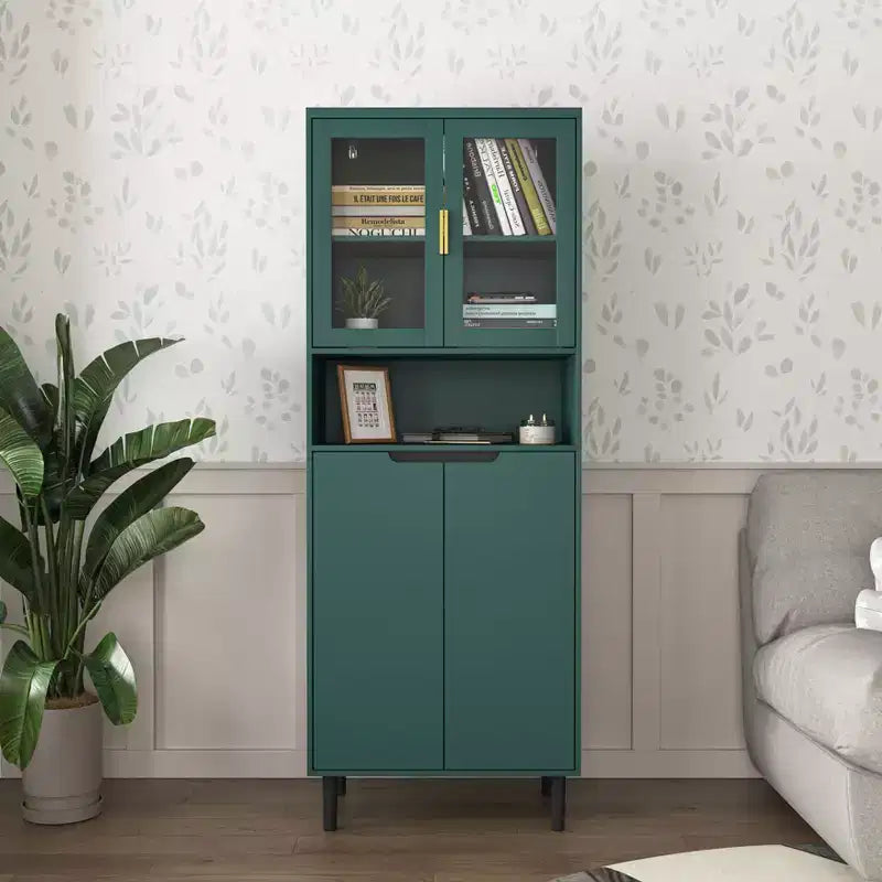 Okak Tall Bookshelf with Adjustable Board, Freestanding Storage Shelves with 4 Tempered Glass Doors, Display Case for Living Room, Office, Green