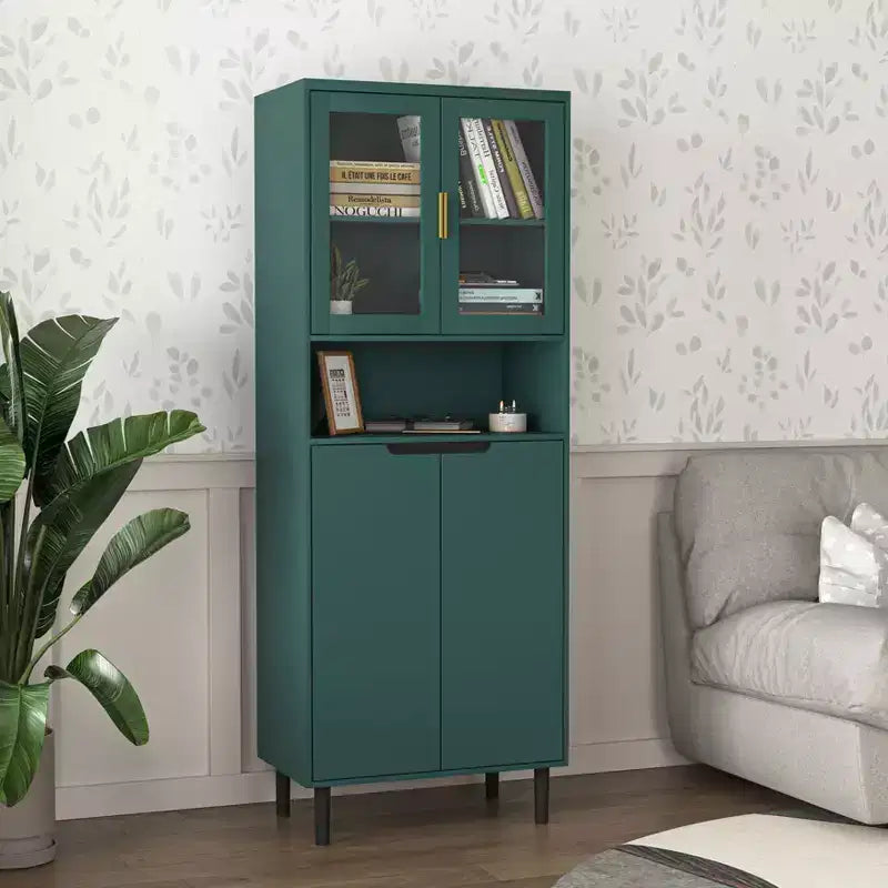 Okak Tall Bookshelf with Adjustable Board, Freestanding Storage Shelves with 4 Tempered Glass Doors, Display Case for Living Room, Office, Green
