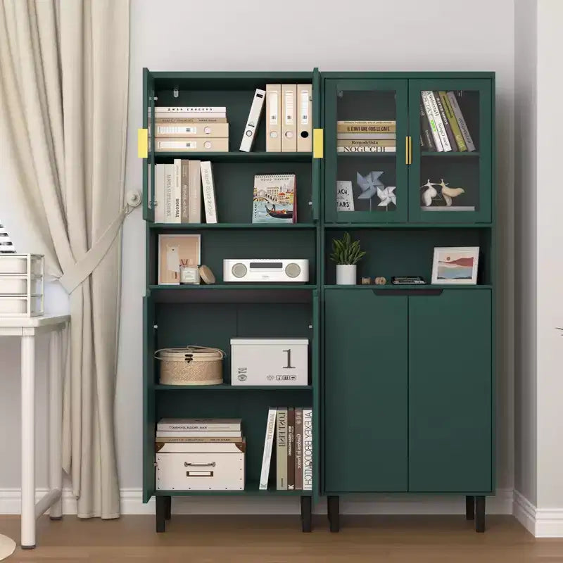 Okak Tall Bookshelf with Adjustable Board, Freestanding Storage Shelves with 4 Tempered Glass Doors, Display Case for Living Room, Office, Green