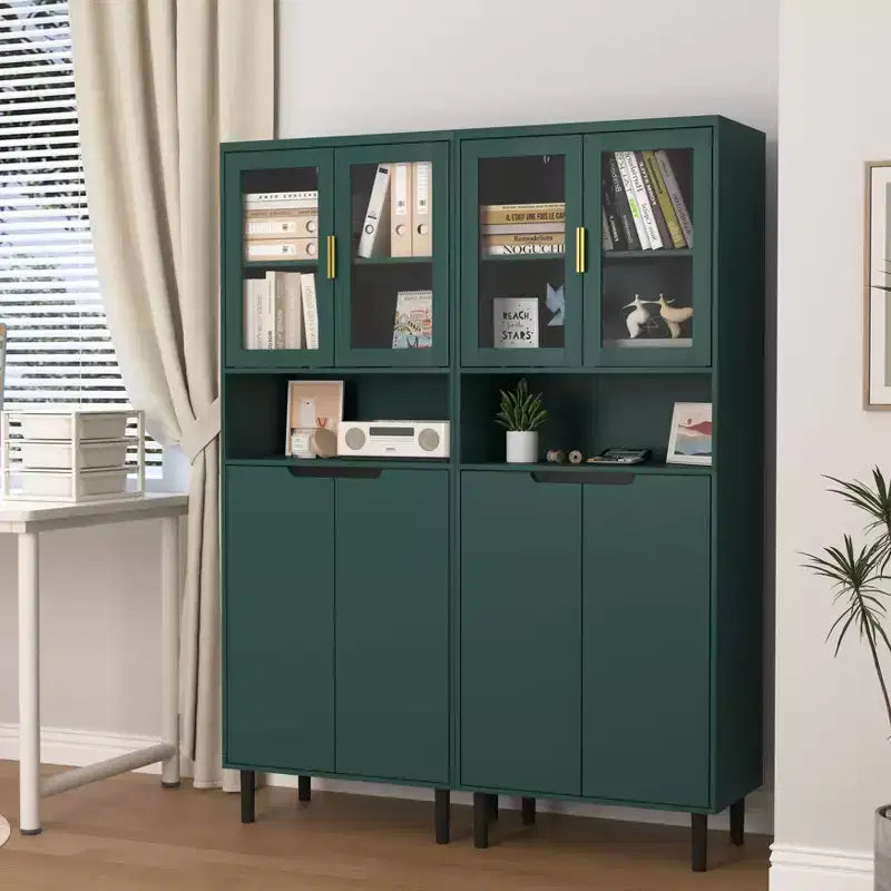 Okak Tall Bookshelf with Adjustable Board, Freestanding Storage Shelves with 4 Tempered Glass Doors, Display Case for Living Room, Office, Green