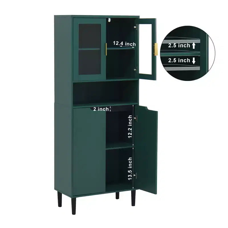 Okak Tall Bookshelf with Adjustable Board, Freestanding Storage Shelves with 4 Tempered Glass Doors, Display Case for Living Room, Office, Green