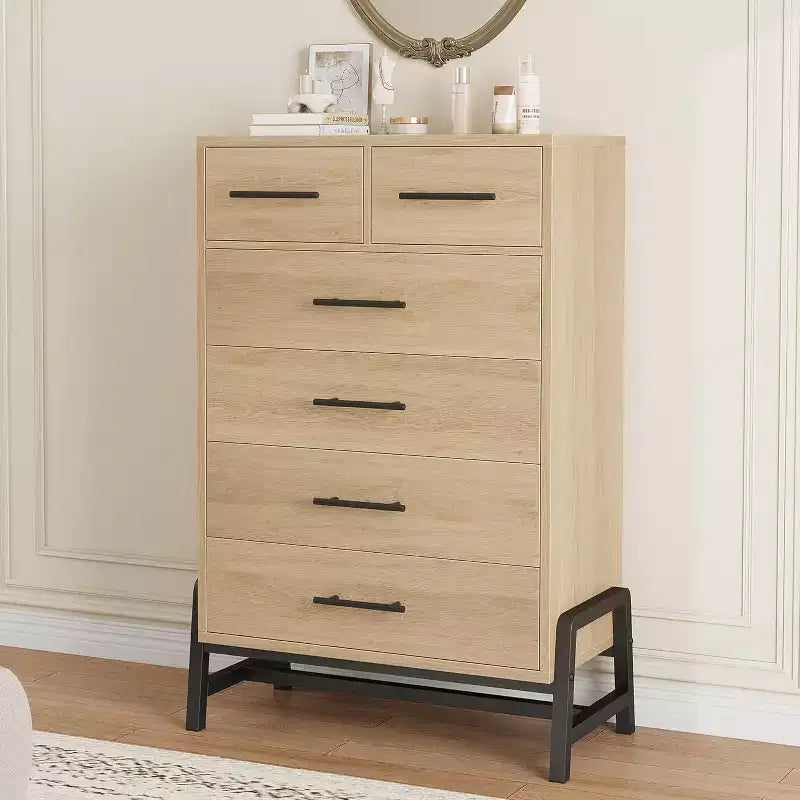 Acekool 46.6 Tall 4+2 Drawer Dresser - Robot Vacuum Friendly Storage, Natural Oak Finish for Bedroom & Entryway