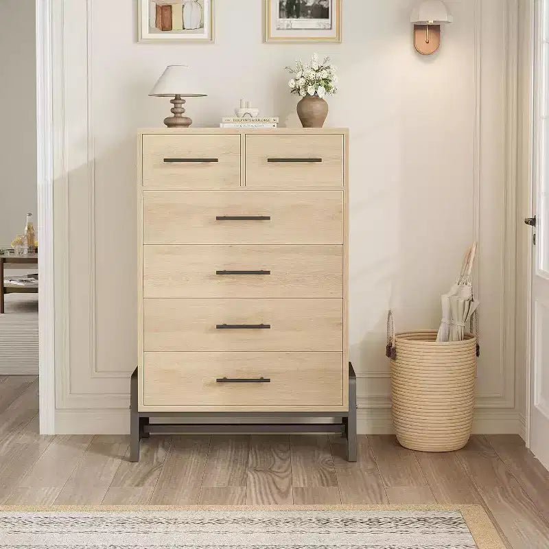 Acekool 46.6 Tall 4+2 Drawer Dresser - Robot Vacuum Friendly Storage, Natural Oak Finish for Bedroom & Entryway