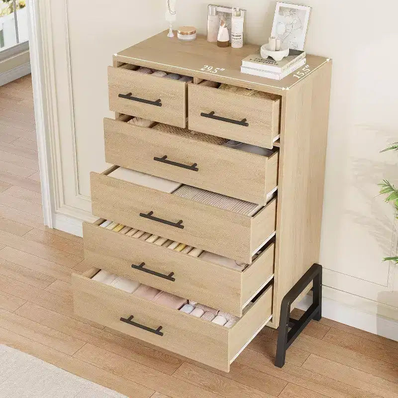 Acekool 46.6 Tall 4+2 Drawer Dresser - Robot Vacuum Friendly Storage, Natural Oak Finish for Bedroom & Entryway