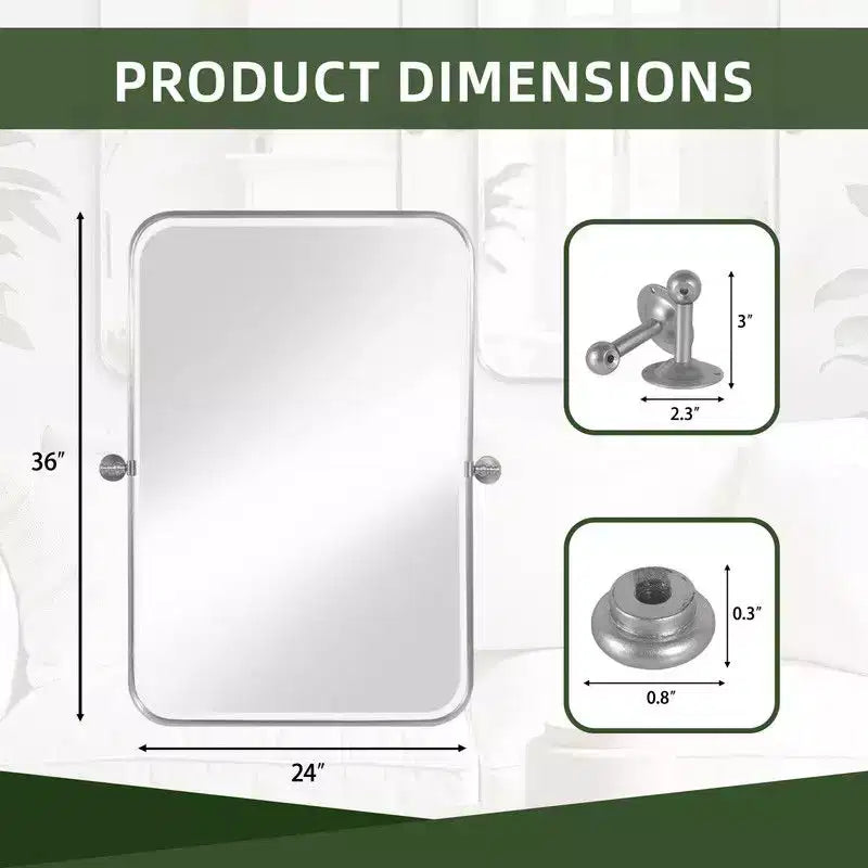 PexFix 36 x 24 Iron Rectangle Silver Pivot Wall Mirror Tilting Bathroom Vanity Mirror Metal Framed Adjustable Two-way mirror for Bedroom Living Room
