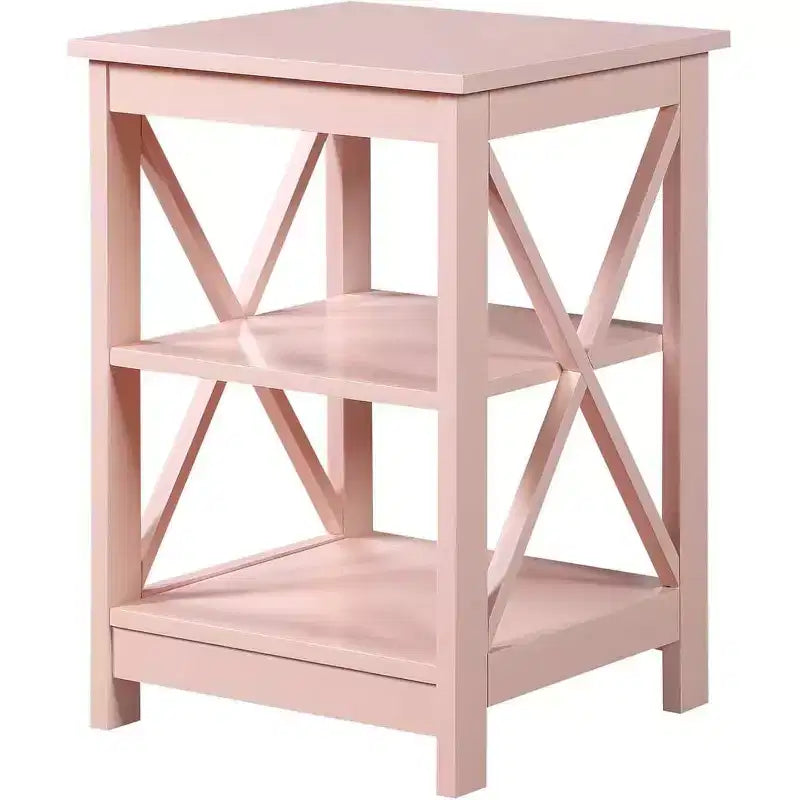 HomeStock Belmont End Table with Spacious Three Open Shelves and Decorative X Frame Panels, Stylish Storage Side Table for Living Room Dcor