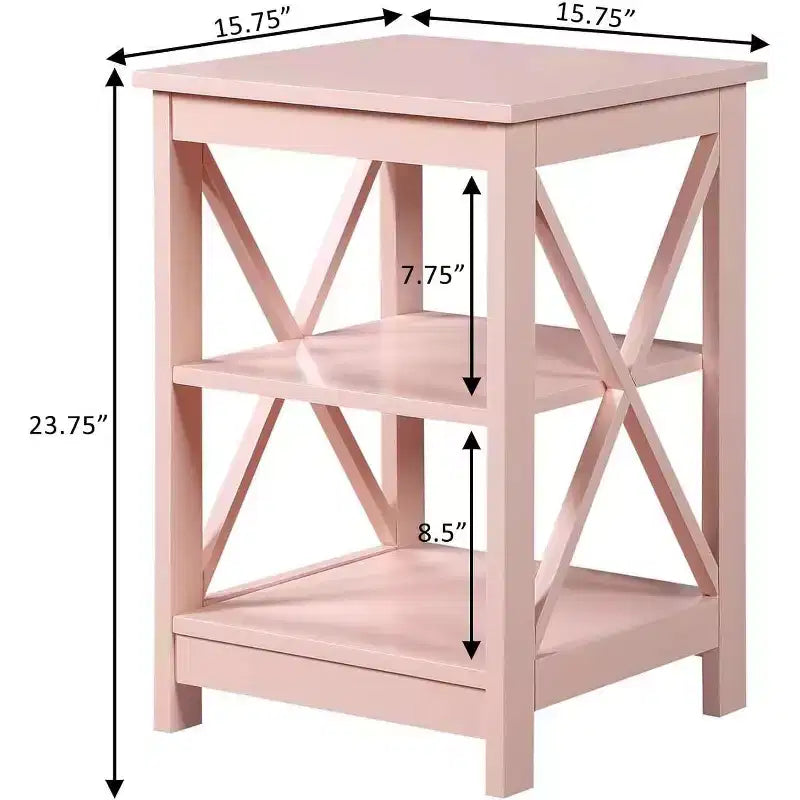 HomeStock Belmont End Table with Spacious Three Open Shelves and Decorative X Frame Panels, Stylish Storage Side Table for Living Room Dcor