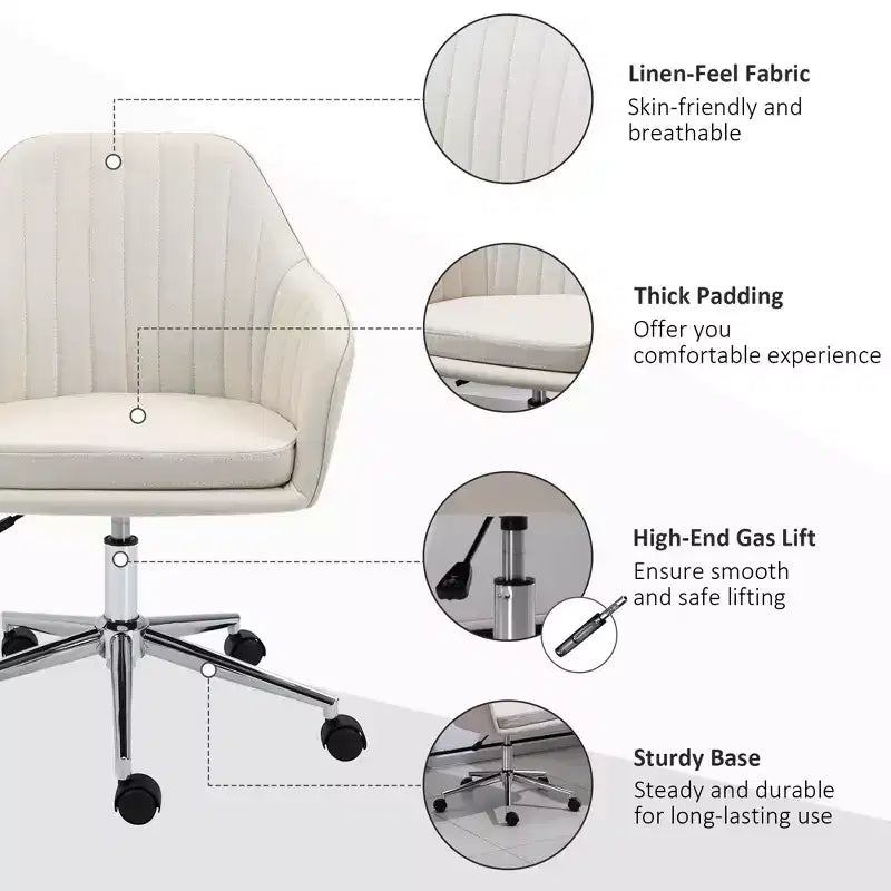 Chaise de bureau Okak à dossier mi-haut, fauteuil de bureau réglable en hauteur, chaise rembourrée confortable pour salon, bureau, étude, beige