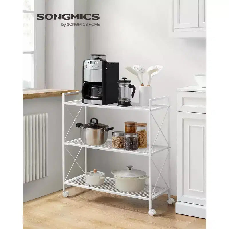 3-Tier Rolling Storage Cart, All-Metal Frame with X-Braced Sides and Wire Mesh Shelves, 31.5 Wide Mobile Organizer with Locking Casters