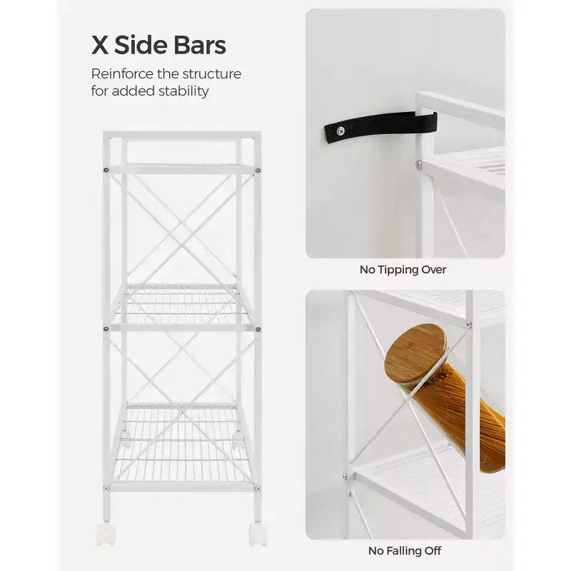 3-Tier Rolling Storage Cart, All-Metal Frame with X-Braced Sides and Wire Mesh Shelves, 31.5 Wide Mobile Organizer with Locking Casters
