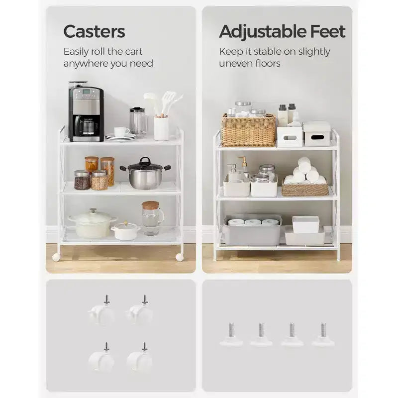 3-Tier Rolling Storage Cart, All-Metal Frame with X-Braced Sides and Wire Mesh Shelves, 31.5 Wide Mobile Organizer with Locking Casters