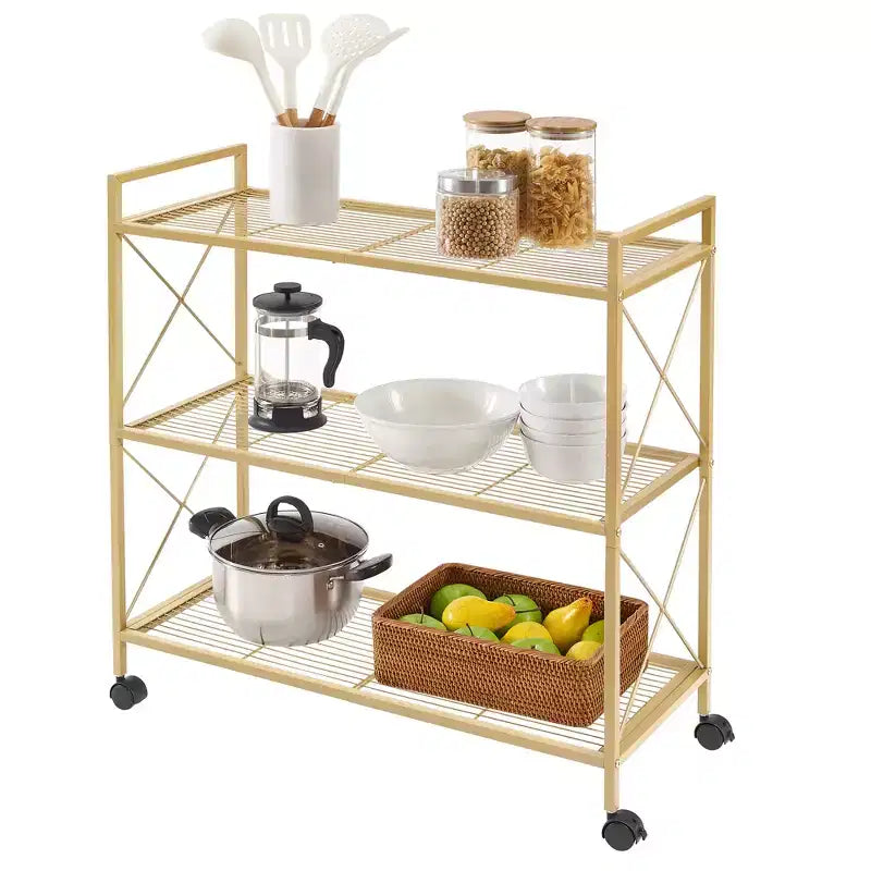 3-Tier Rolling Storage Cart, All-Metal Frame with X-Braced Sides and Wire Mesh Shelves, 31.5 Wide Mobile Organizer with Locking Casters