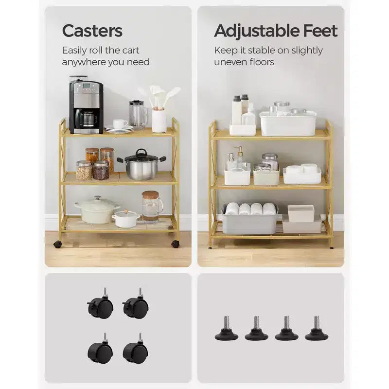 3-Tier Rolling Storage Cart, All-Metal Frame with X-Braced Sides and Wire Mesh Shelves, 31.5 Wide Mobile Organizer with Locking Casters