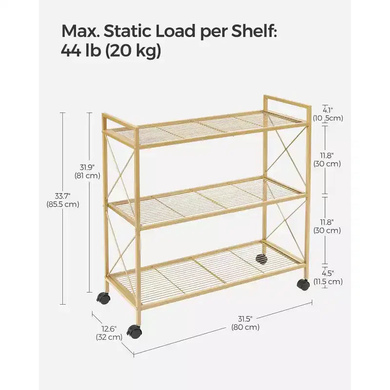3-Tier Rolling Storage Cart, All-Metal Frame with X-Braced Sides and Wire Mesh Shelves, 31.5 Wide Mobile Organizer with Locking Casters