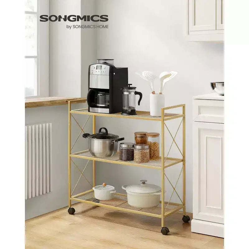3-Tier Rolling Storage Cart, All-Metal Frame with X-Braced Sides and Wire Mesh Shelves, 31.5 Wide Mobile Organizer with Locking Casters